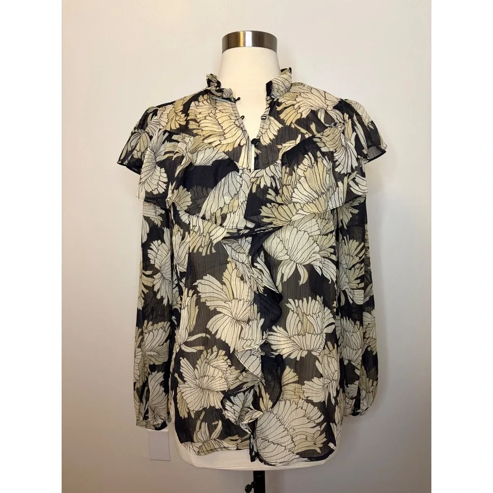 Mint Velvet Boho Floral Print Blouse Ruffle Metallic Lurex Chiffon Top M Chic